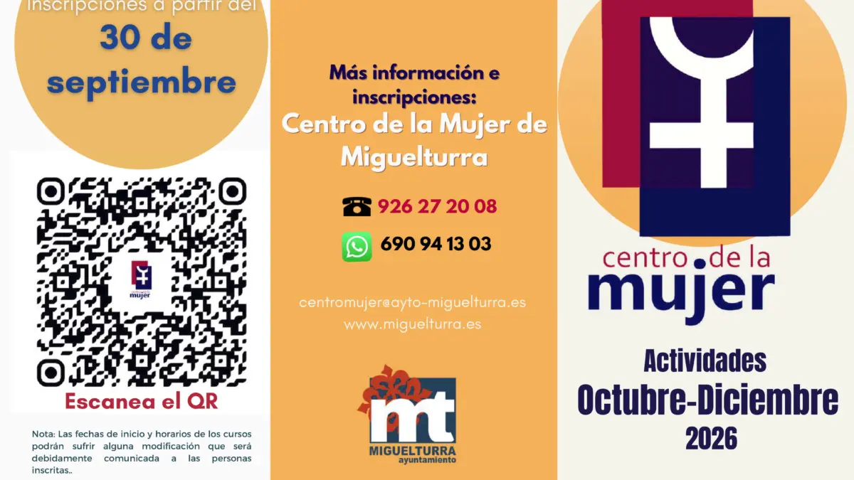 Tríptico con la programación de actividades del Centro de la Mujer de Miguelturra para octubre, noviembre y diciembre de 2026