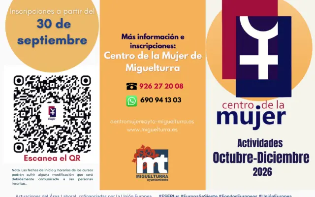 Tríptico con la programación de actividades del Centro de la Mujer de Miguelturra para octubre, noviembre y diciembre de 2026