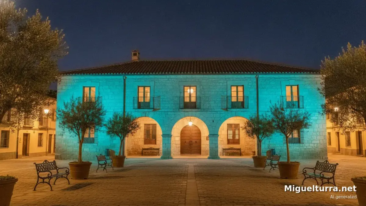 Centro de Dia de Miguelturra iluminado de turquesa por el Dia de la Dislexia