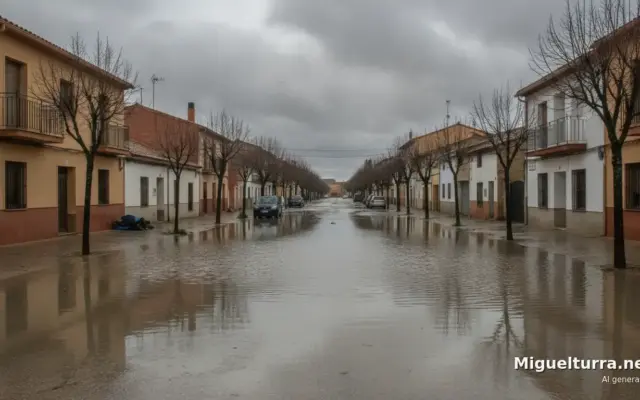 Calle de Miguelturra con charcos tras una tormenta de lluvia
