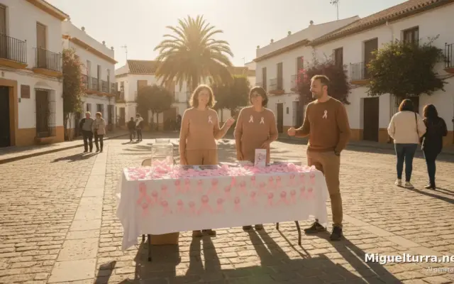 Mesa informativa de AMUMA en la Plaza de Espana de Miguelturra por el Dia Mundial del Cancer de Mama