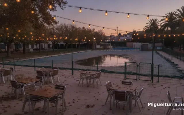 Terraza de la cafetería de la piscina municipal de Miguelturra en una tarde de otoño