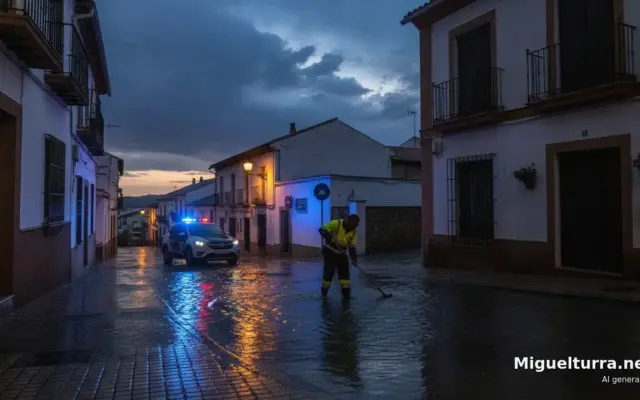 Calle inundada tras una tormenta de verano en Miguelturra, con un operario municipal y un vehículo de la Policía Local